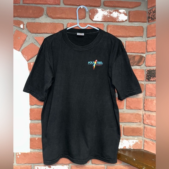 Vintage 1989 Poly Tees Reef Police Shark/Parrot Blk T-Shirt Front & Back - Picture 1 of 5